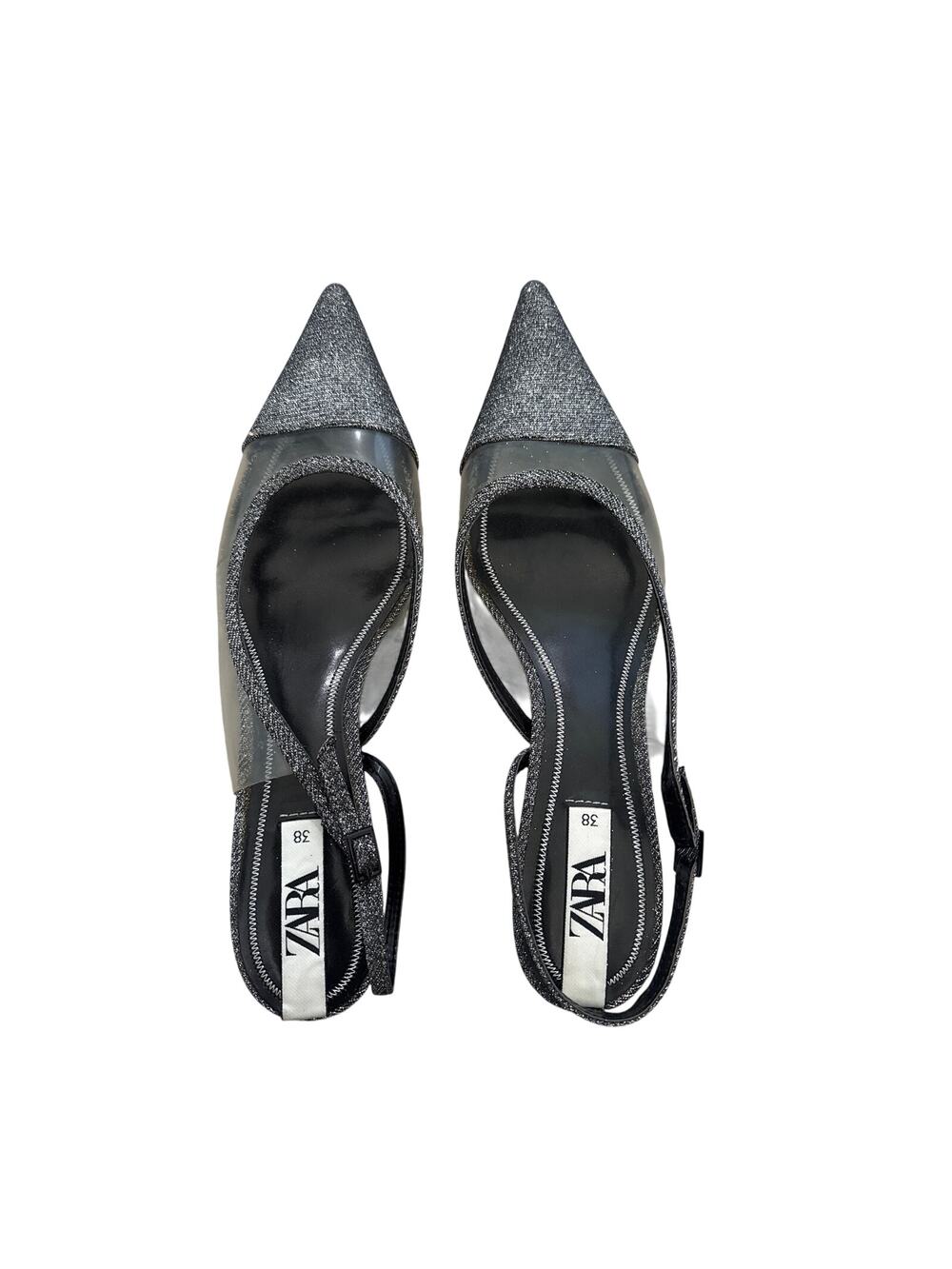 Zara Silver Metallic Kitten Heel Sandals - Size: 6 (EU 38)